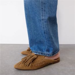 2023 New Genuine Suede leather Oxfords Women Fringe Tassel Slides Mules Streetwear Flat Heel Cut Out Shoes Slippers Plus Size