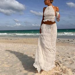 Work Dresses 2 Piece Beach Holiday Outfits Vintage Ruched Halter Cami Tops Maxi Long Skirt Women Boho Sexy Backless Matching Suit Party