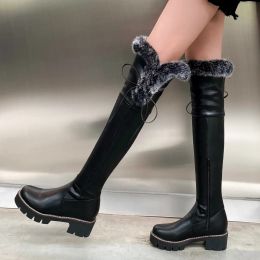 Black White Fur Snow Boots Winter Shoes Women's High Boot Platform Chunky Heels PU Leather Casual Warm Rain Shoes Waterproof