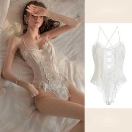 Women sexy set Ailair's New Ice Silk Pure Desire and Fun Sleepwear with Water Dissolved Flower Embroidery and Hidden Buckle No Take Off Jumpsuit