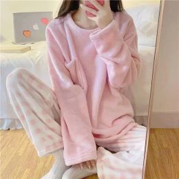 Autumn Winter New Warm Flannel Women's Pajamas Set Long-sleeved Trousers Two-piece Set Cute Pink Loungewear Clothes for Women