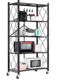 Kitchen Storage 5 Tier Shelves Foldable Metal Shelving Units Racks With Lockable Wheels Black