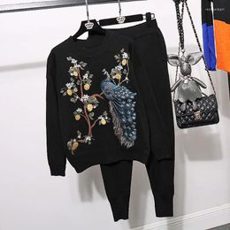 Women's Two Piece Pants Heavy Work Embroidery Knitted Tracksuits Women Outfits 2pc Loose Casual Black Pullover Sweater Pencil Set Female