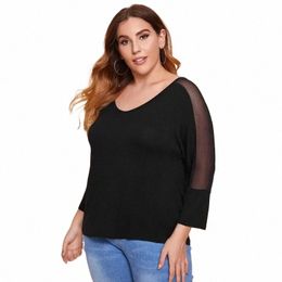 plus Size Mesh Patchwork Summer Spring Elegant Top Women Sexy V-neck Black Off-shoulder T-shirt Female Large Size Blouse Tee 7XL 23Gj#