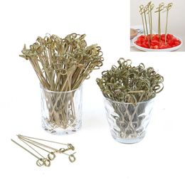 Forks 100Pcs Disposable Bamboo Tie Knotted Skewers Twisted Ends Cocktail Fruit Picks Fork Sticks Buffet Cupcake Topper