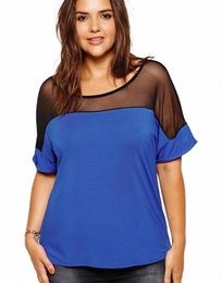 plus Size Elegant Short Sleeve Mesh Patchwork Casual Tops Women Blue And Black Summer Loose T-shirt Large Size Women Clothing J1vT#
