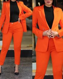 Neue 2024 Formale Büro -Hose -Sets Frauen 2pcs Doppelbrust massive Blazer Jacke und Hosen Zwei Stücke Set Female Pant -Anzüge Sets