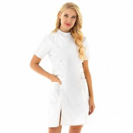 womens Nurse Uniform Dres Mandarin Collar Short Sleeve Slanting Butt Frt Medical Hospital Nurse Scrub Lab Coat Dr y9DR#