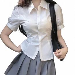 short Sleeve Sexy Slim Basic White Shirt Women Tunics Vintage Cute Korean Style Blouse School Shirt Girls Casual Jk Uniform Tops a9yf#