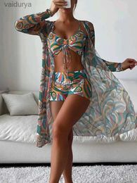 Women's Swimwear 2024 New Tropical Print Bikini 3pack Drawstring Ruched Cover Up Women Swimsuit Long Sleeve Beach Wear Bathing Suit yq240330