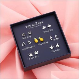 Stud 7 Pair 925 Sier Earrings Womens Heart Star Snowflake Flower One Week Minimalist Set With Jewellery Box Drop Delivery Dhekr