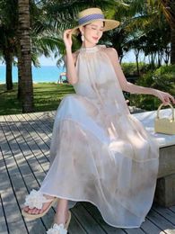 Casual Dresses French Beige Tie Dye Bow Bandage Halter Party Holiday Long Dress Women 2024 Summer Sleeveless A-line Pleated Boho Vestidos