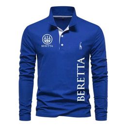 Men's T-Shirts New 100% pure cotton mens shirt with Beretta print color matching high-end lapel T-shirt spring and autumn high-quality brand POLO shirt J240330