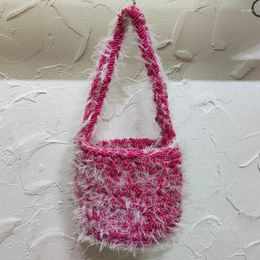 Drawstring Korean Fashion Bucket Bags For Women Luxury Designer Handbags And Purse 2024 In Polyester To Weave Plush Craft Mini Shoulder
