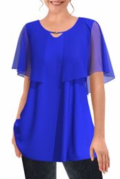 women Plus Size Dry T Shirt Royal Blue Chiff Flutter Sleeve Double Layer Cut Out Fake Two Pieces Pleated A-Line Summer Top p3hR#