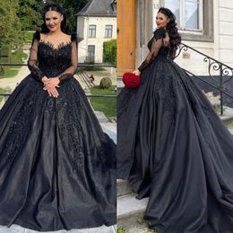 Black Ball Gown Wedding Dress Sequins Illusion Long Sleeves Wedding Dresses Bridal Gowns Ruffles Sweep Train Dubai Saudi Arabic Bride Dress Plus Size es s