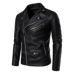 New Mens Leather Jackets Solid Turn Down Collar Casual Slim Fit Motorcycle Pu Leather Jacket Men Multiple pockets Zipper Coat