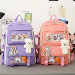 4 IN 1 Kawaii Women School Backpack Set Cute School Bags For Girls Kids Canvas Waterproof Travel Bagpack Children Rucksack