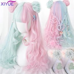 Wigs Pink Lolita Wigs Ombre Long Water Wave Cosplay Synthetic Wigs for Women Natural Wave Wigs with Bangs Heat Resistant Cosplay Hair