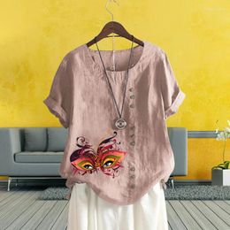 Women's T Shirts Trendy Ladies Casual Loose Blouse Colourful Mask Graphic Printed Linen Shirt Round Neck Cotton Short Sleeve Solid Tops