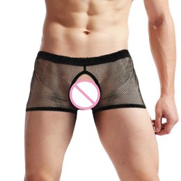 Open Crotch Boxer Briefs Men Mesh See Through Underwear Porn Panties Exposed Cock Underpants Bare Buttocks Boxer Shorts