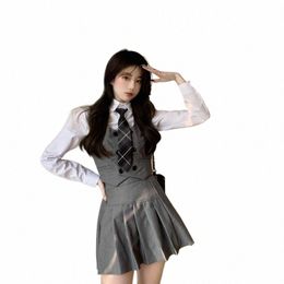 british School Uniform College Style Fi Jk Suit Girl Outfit Casual Vest Jacket Tie Pleated Skirt Shirt Slim Women 4Pcs L1oh#