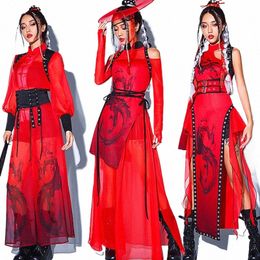 red Series Chinese Style Jazz Dance Costume Women Hip Hop Clothes Gogo Dance Performance Suit Adult Kpop Stage Clothing BL12517 y3AJ#