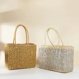 Vine woven paper grass tote basket French retro square rope bag picnic blue large capacity casual diagonal 240328