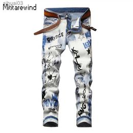 Men's Jeans High Street Conical Jeans Mens Micro Elastic Embroidered Letter Star Printed Denim Fabric Mens Popular Casual Pencil PantsL2403