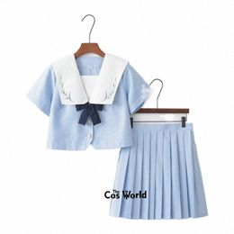 water Blue White Summer Navy Sailor Suit Tops Skirts JK High School Uniform Class Uniform Students Cloth p5AP#