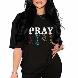 plus Size Summer Cott Women T-shirt Colourful 'Pray' Letter Printing Short Sleeve Cute Graphic Tee Shirts Female Tops Clothing N50J#