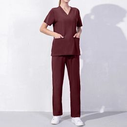 Scrub Uniform Tops Suit Two Piece Workwear Women Short Sleeve Nursed Working T Shirts Top With Pocket Long Pants Solid Color Set