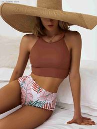 Women's Swimwear 2023 High Waist Bikini Women High Neck Swimsuit Printed Swimwear Female Padded Beachwear Bathers Bathing Swimming Swim Suit T240330