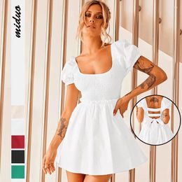 Casual Dresses Women Backless Lace Up Dress French Style Elegant High Waist Simple Square Collar Short Lantern Sleeve
