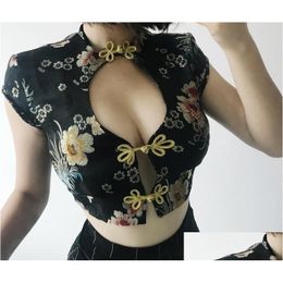 Womens T-Shirt Y Chinese Floral Embroidery Cropped Tee Fashion Women Deep Cut Vintage Crop Top Femme Short Elegant Ladies Drop Deliver Otwjm