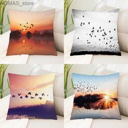 Pillow Sunrise Sunset Flying Bird Lake Beach Scenery case Sofa Office Seat Cushion Cover Creative Ornament Home Decoration Y240401