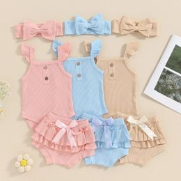 Clothing Sets CitgeeSummer Infant Baby Girl Clothes Solid Colour Ribbed Romper And Elastic Ruffles Shorts Headband Set Outfits