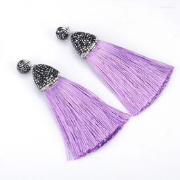 Dangle Earrings Bohemia Boho Purple Series Voilet Lilac SilkThick Tassel Black Rhinestone Cap Connector Studs For Women