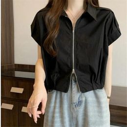 Women's Polos 2024 Blusas Mujer De Moda Loose Casual Blouse Women Clothing Turndown Collar Short Sleeve Zipper Crop Tops Chic Summer Shirts