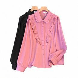 plus-size women's spring casual shirt Ruffled decorative persality design commuter top Loose comfortable black shirt h60j#