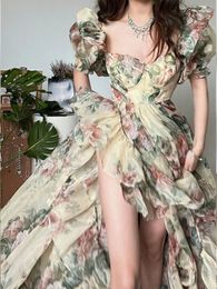 Floral Print Evening Party Dress Women Puff Sleeve Elegant Princess Long Dres Ladies France Vintage Open Fork Dress Summer 240318