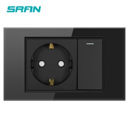 SRAN Two gang EU switch with socket white crystal glass panel 118mm*72mm,1 gang 1/2 way 16A switch plug