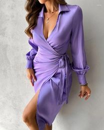 Casual Dresses Party Slit For Women Fashion Long Sleeve Elegant Overlap V Neck Knotted Tied Detail Ruched Satin Shirt Sexy Dress