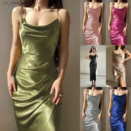 Basic Casual Dresses Womens Spring New Strap Womens Dress European and American High end Sexy Spicy Girl Low cut Satin Split Back T240330