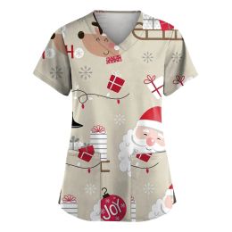 Snowman Print Nurse Uniform Scrub Women Christmas Print Nursing Uniform Short Sleeve V-neck Tops Working Uniform Blouse Shirt