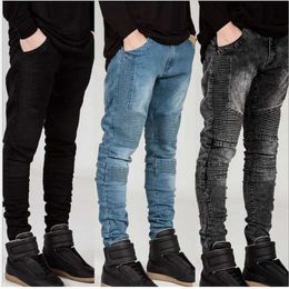 Men's Jeans European Males Biker Jeans Stretchy Pleated Skinny Fit Motocycle Men Trousers J240328