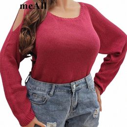 plus Size Solid Colour Cold Shoulder Casual Sweater 4XL Women Sexy O Neck Rose Red Knitting Jumpers b9Bk#