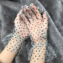 Black Tulle Lace Gloves Stretchy Spots Sheers Flexible Mesh Short Gloves Sexy Transparent Full Finger Silk Women Short Gloves