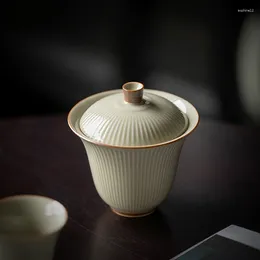 Teaware Sets Honey Glaze Stripe Relief Ceramic Cover Bowl Teacup Chinese Single Two Tea Set Infuser