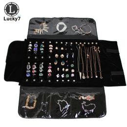 Display Portable Black Velvet Jewellery Roll Storage Bag Ring Pouch Pendant Necklace Folding Travel Organiser Earrings Case Box Zipper Bag